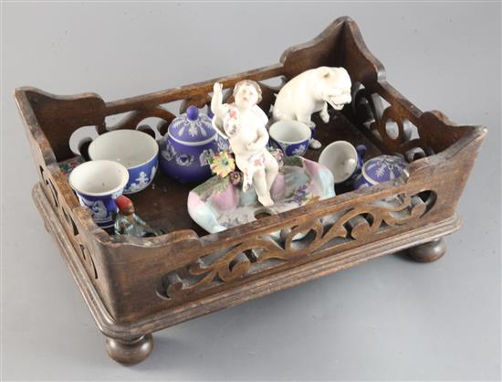 A group of assorted ceramic ornaments and a wooden tray, 12in.